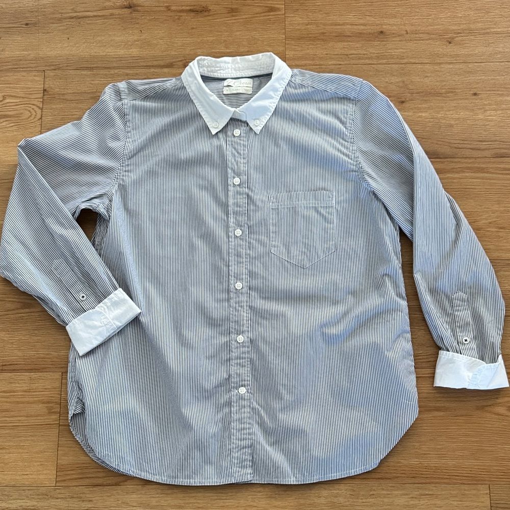 J. Crew Womens Pinstripe Collar Button Down Blouse Size 2 Navy White Oversized